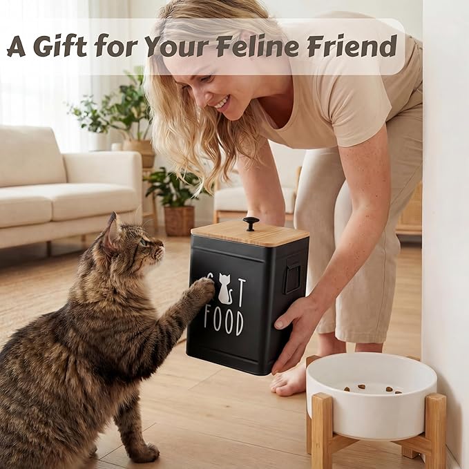 PERFNIQUE Cat Food Storage Container, Airtight Cat Treat Container with Bamboo Lid, 25 Cup Pet Food Storage for Kitchen Countertop, Treat Jars for Pets, Cat Food Container (Black, with Spoon)
