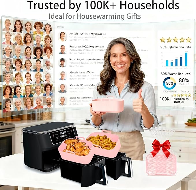 Silicone Air Fryer Liners for Ninja - Reusable DZ201 8QT Dual Basket - Rectangular 2-Pack Vacuum-Packed Easy-Clean Dishwasher-Safe Food-Safe for Home Chefs - Housewarming Gifts