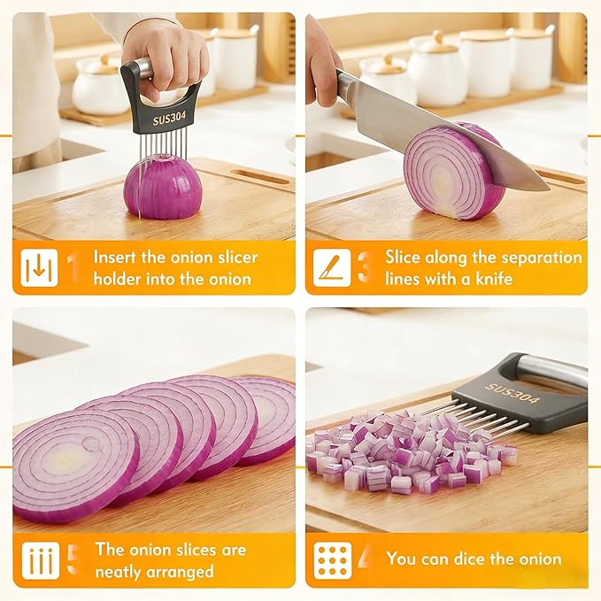 Stainless Steel Onion Holder & Slicer - Multi-Fruit Vegetable Fixing Tool with Sharp Prongs for Tomato, Lemon, Avocado - Safe Kitchen Gadget