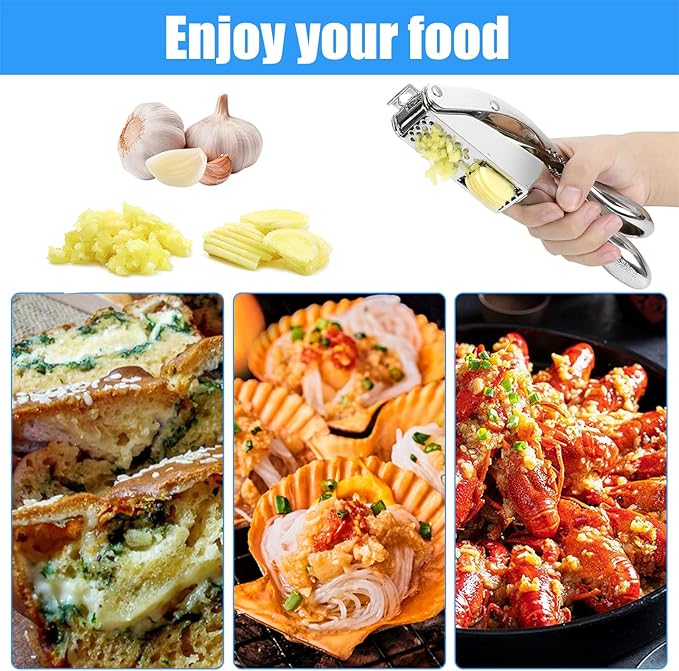 2-in-1 Garlic Cutter Stainless Steel Garlic Press with Ergonomic Non-Slip Handle for Fresh Garlic Ginger Nut Easy to Use & Clean