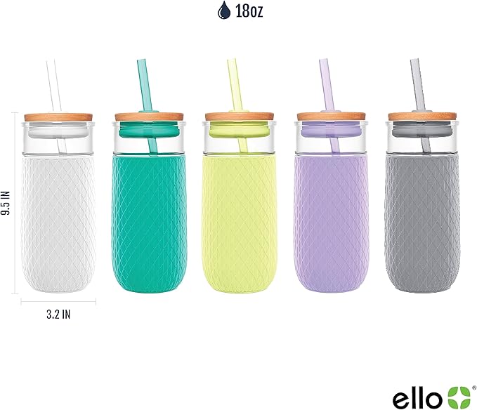 Ello Devon 18oz Glass Tumbler with Straw, Friction Fit Bamboo Wood Lid and Silicone Sleeve | Perfect for Iced Coffee, Tea, and Smoothies