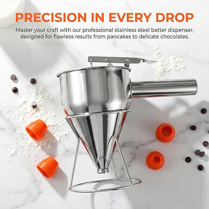 WRINGKIT 40 Oz Pancake Batter Dispenser, Stainless Steel 4 Caliber Funnel Cake Dispenser with Stand, Pancake Mix Dispenser with Handle, Funnel Cake Maker for Cupcakes, Muffins, Waffle and Baked Goods