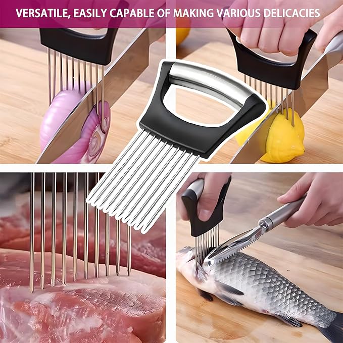 Onion Holder for Slicing, 2025 New Stainless Steel Onion Slicer Holder, Lemon Tomato Onion Cutter, Vegetables Fruit Chopper Kitchen Gadgets Assistant Tool for Meat, Eggs, Onion, Potato, Tomato (2)