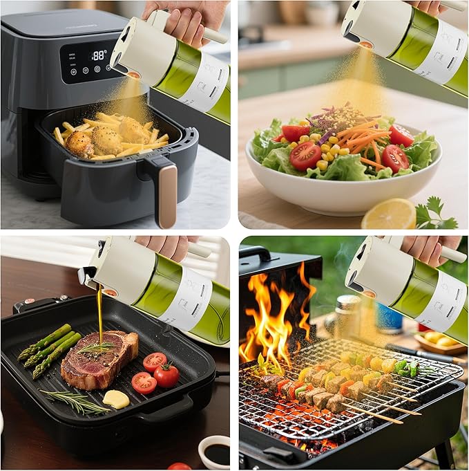 LAKUMIQI 2 in 1 Oil Sprayer for Cooking, 17oz Light-Blocking Glass Spray Bottle with Stickers, Oil Dispenser for Salad, Air Fryer & BBQ