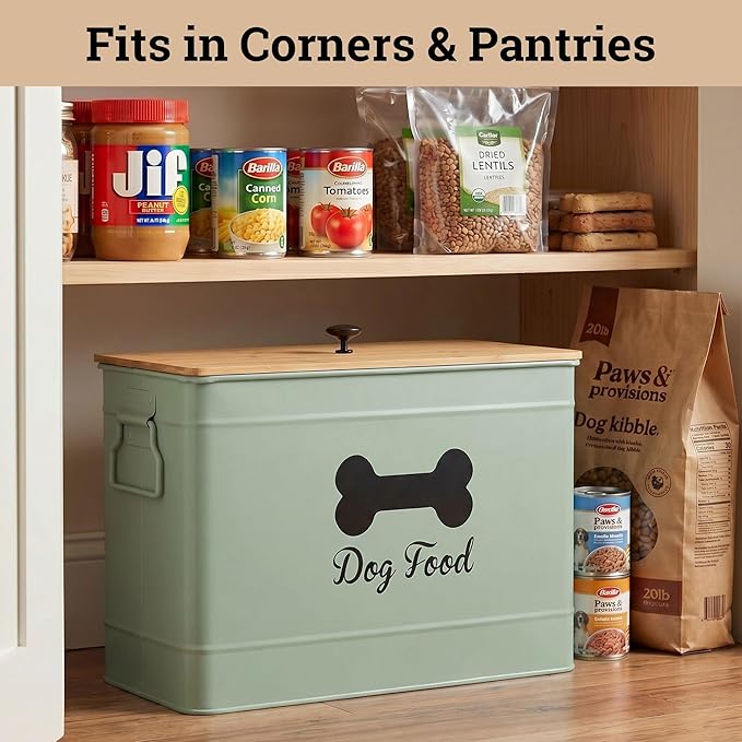 Dog Food Container Airtight 15 lb (50 Cup) Capacity with Metal Scoop - Cute Airtight Dog Food Storage Container with Bamboo Lid - Green Metal Kibble Storage Bin for Dogs up to 100 lbs - Big Pet Jar