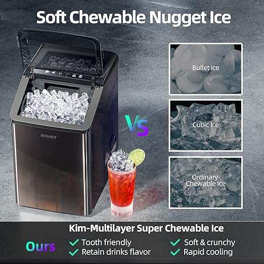 KOVIET Nugget Ice Makers Countertop, Soft Pebble Ice Machine, Chewable Crushed Pellet Ice 42lbs/Day, Self-Cleaning Drainpipe Ice Maker for Party, Home, Kitchen, Bar, Office, Black