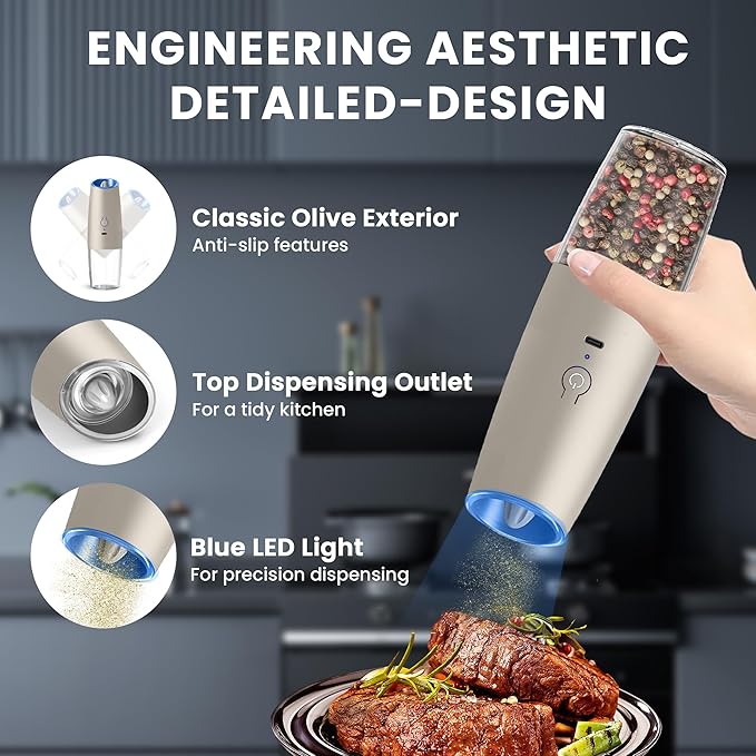 UNNEES Rechargeable Electric Salt and Pepper Grinder set of 2, gravity electric salt and pepper grinder set, Adjustable Roughness, LED Light, 2 Pack, (Khaki)