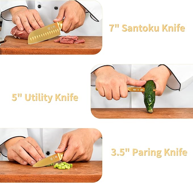 ZHANG XIAO QUAN Gold Knife Set with White Block, High Carbon Stainless Steel Sharp Blades, Built-in Sharpener Kitchen Knife Block Set for Home Cooking