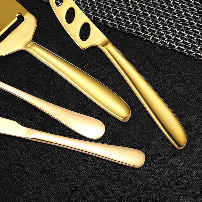 Gold Cheese Knives Silverware 8 Pieces include Dinning Knife Fork Spoon Stainless Steel Kitchen Cooking Gadget Tool Baking Utensils Multifunctional for Everyday Use and Parties