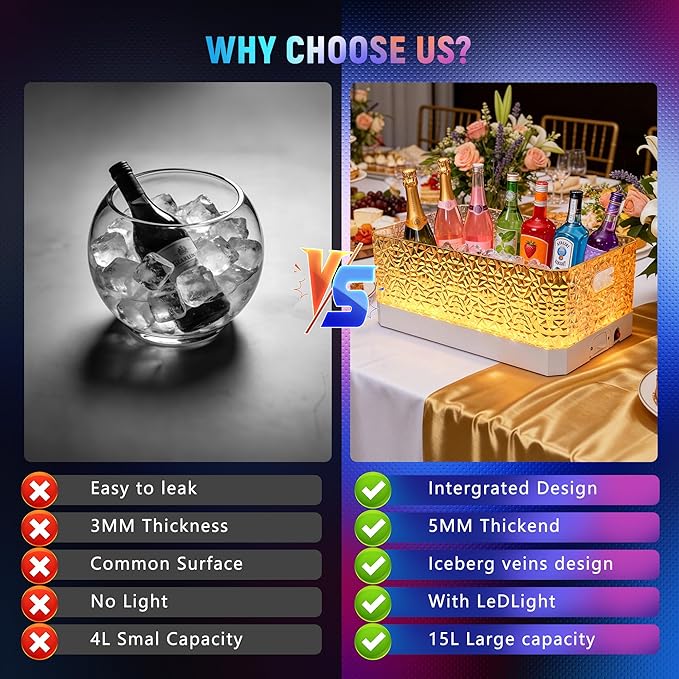 15L LED Ice Bucket for Parties, Rechargeable 7-Color Changing Light Up Beverage Tub, Clear Acrylic Wine & Champagne Drink Cooler, Leakproof Party Tub for Home Bar & Outdoor Entertaining