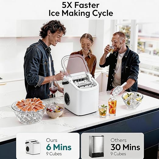 Small Portable Countertop Ice Maker, 26lbs/24H Ice Machine with Self-Cleaning, 6-8 Mins Fast Ice Making,Quiet Operation, Compact Ice Maker with Handle for Home Kitchen Camping RV (White, 26lbs)