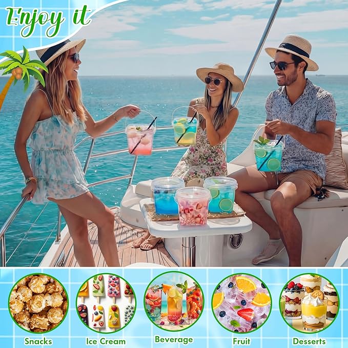 100 Pcs 17 oz Square Clear Drink Buckets with Lids and Straws Reusable Plastic Bucket Cups with Handle for Ice Cream Coffee Cocktail Large Food Safe Party Cup for Pool Beach Bar Birthday