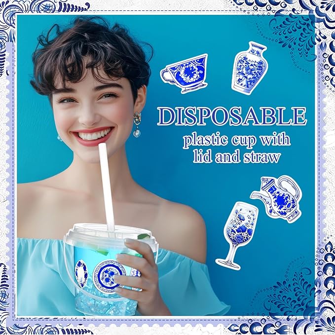 Funnymoom 30 Set Chinoiserie Drinks Buckets with Lids and Straws 24oz Blue and White Floral Clear Plastic Cups Disposable Rum Cocktail Pails with Handles & Stickers for Wedding Bridal Shower Birthday
