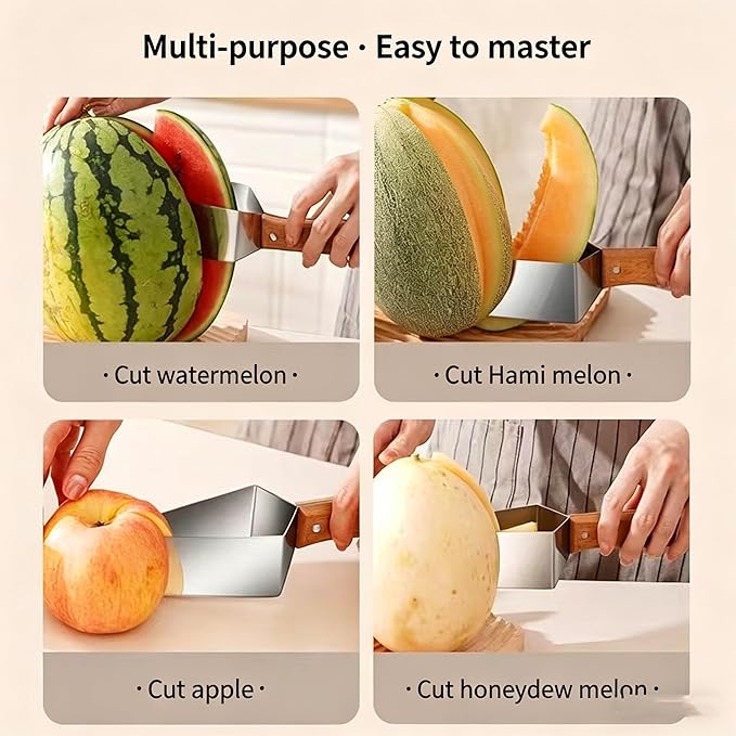 Stainless Steel Watermelon Slicer, Triangle Watermelon Cutter, Stainless Steel Melon Slicer with Wooden Handle, Fruit Divider Tool for Summer Picnic BBQ, Easy Kitchen Gadget for Cantaloupe (1 PCS)