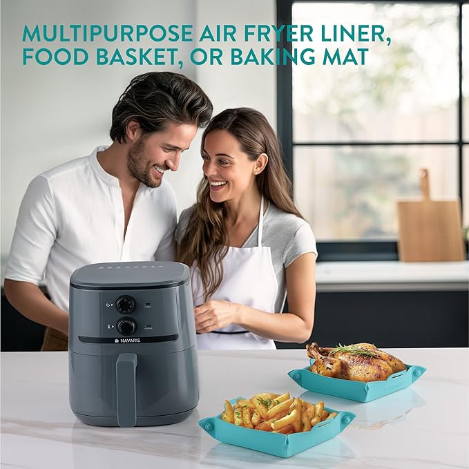 Navaris Silicone Air Fryer Liners (Set of 2) - Reusable Liner with Foldable Design 27cm x 6cm (10.6" x 2.4") - Basket Tray Mat - Dishwasher Safe - Blue