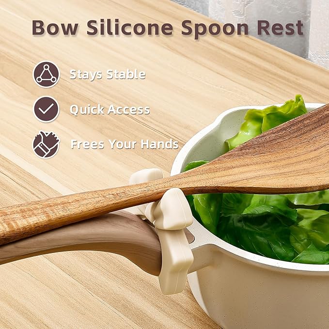 Koythin 3-Piece Bow Silicone Spoon Rest and Spatula Holder, Cute Spoon Rest for Kitchen Counter, Bow Shaped Cooking Holder and Steam Release, Drip-Free Kitchen Gadgets for Pots & Pans (White)