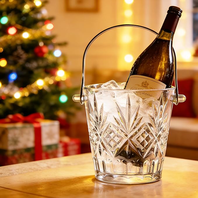 Clear Glass Ice Bucket with Ice Tong and Handle 33.8 oz Crystal Ice Cube Busket Cocktail Bar Champagne Bucket for Parties Wine Accessory