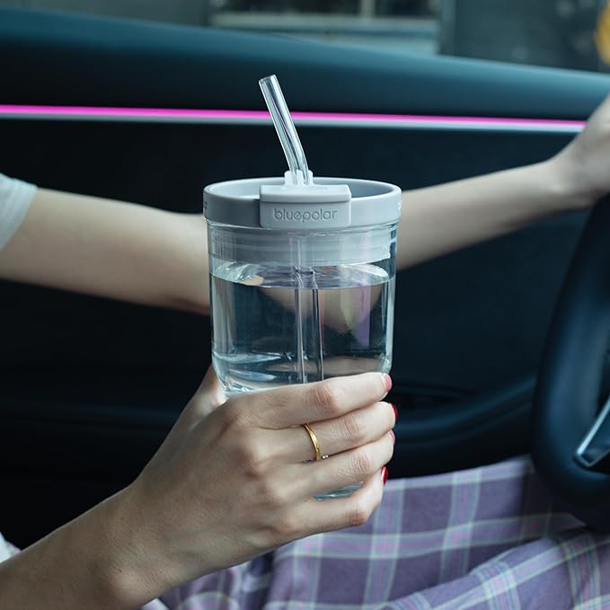 BLUEPOLAR Glass Cups with Lids and Straws,16oz/480ml Reusable Iced Coffee Glasses & Juice Bottles,Cold Brew Tumblers with Leakproof Lids,BPA-Free Glass Jars for Juicing,Matcha,Tea,Smoothie (Grey)