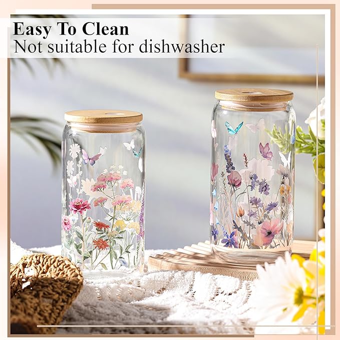 Mumufy 2 Pack Bridesmaid Gift Glass Cups, Cute Flower Mason Jars with Bamboo Lids & Straws, 16oz Iced Coffee Tumblers for Wedding, Bridal Party, Birthday, Mother's Day(Wild Flower2)