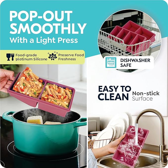 Silicone Freezer Trays with Lids, 2 Cup & 1 Cup Soup Container Style Ice Cube Trays, Easily prepare portioned meals, Great for storing soups, leftovers, sauces and other dishes, Dishwasher, Oven Safe