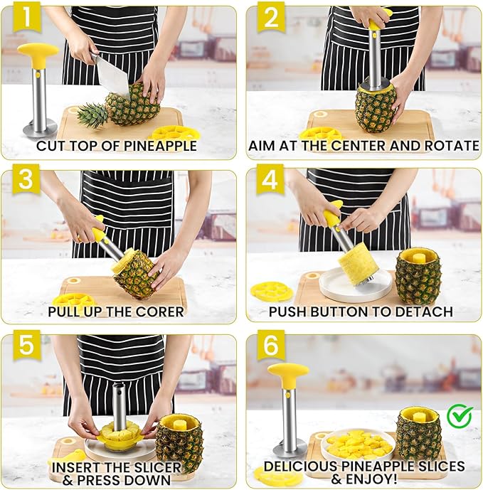 CUNSENR Premium Pineapple Corer and Slicer Tool - Pineapple Cutter with Sharp Serrated Tips - Easy to Use & Clean - Stainless Steel Core Remover for Pineapple - Slice and Core Fruits with Ease(Yellow)