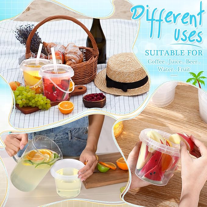 Funnymoom 200 Set 24oz Clear Plastic Drink Buckets with Lids and Straws Disposable Iced Coffee Cups Rum Buckets for Cocktail Parties Smoothie Cup Bulk with Handles for Beach Pool Party Supplies
