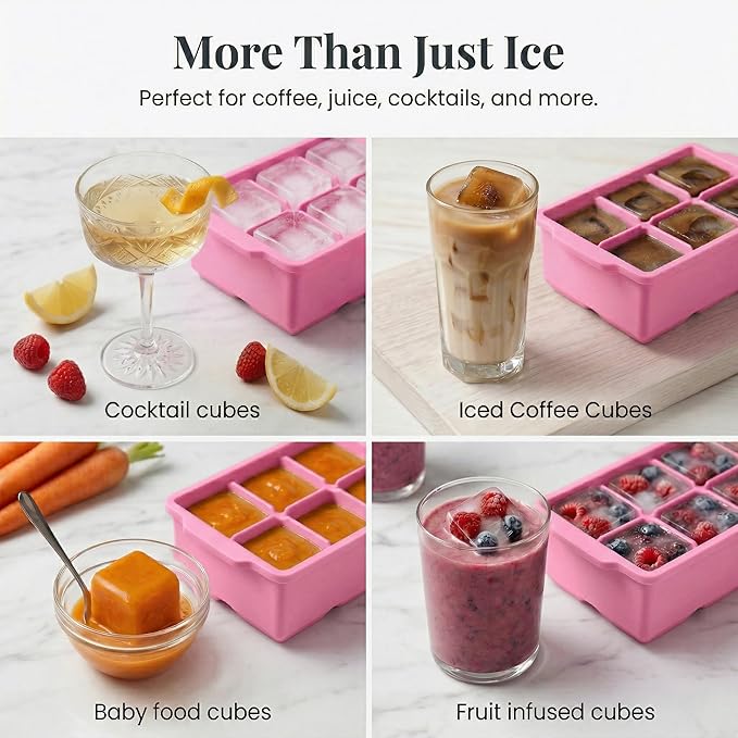 KitchFort Large Silicone Ice Cube Tray (2-Pack), Easy Release 2" Big Ice Cubes - Cocktail, Whiskey Ice Cubes Mold - Ice Trays for Freezer with Lid - Stackable Silicone Ice Tray - Pink