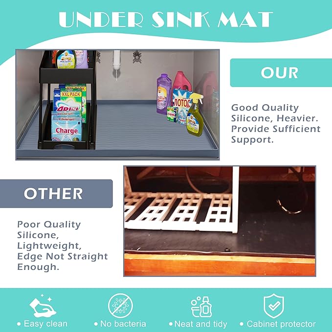 URMONA Waterproof Silicone Under Sink Mat 28'' x 22'' Shelf Liner for Kitchen and Bathroom, Cabinet and Counter Protector, Storage and Organizers, Litter Mat, Pet Cat Puppy Essentials(Brown)