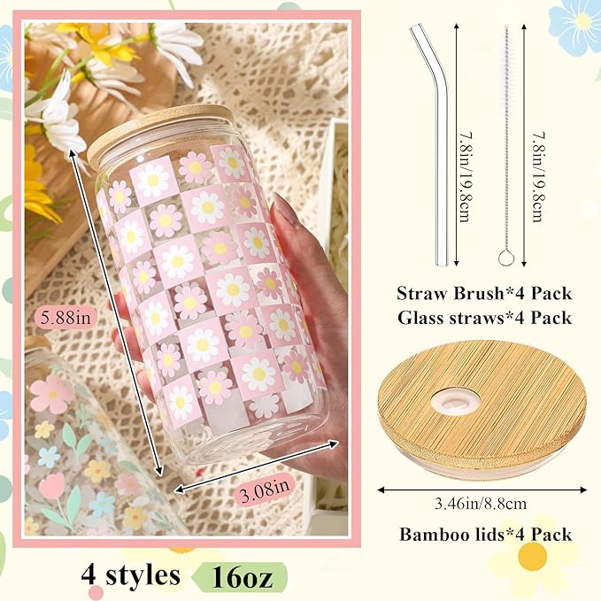 Mumufy 4 Pack Bridesmaid Gift Glass Cups, Cute Flower Mason Jars with Bamboo Lids & Straws, 16oz Iced Coffee Tumblers for Wedding, Bridal Party, Birthday, Mother's Day(Pastel Flower)