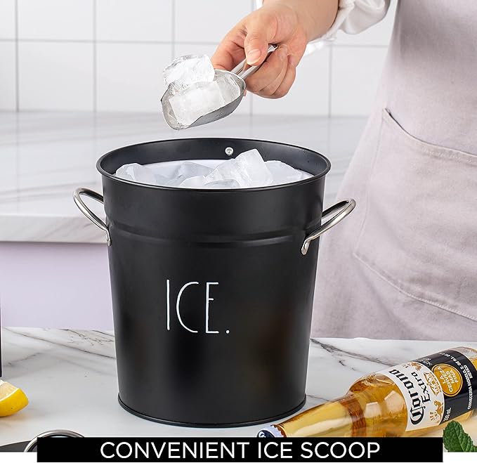 Rae Dunn Ice Bucket with Scoop - Stainless Steel Bucket with Handle, Lid and Ice Scooper - 4 Qt. Storage Bin for Ice Cubes for Bars, Parties, Backyard Barbeques, Picnics, and Camping (Black)