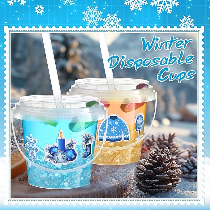 Funnymoom 30 Sets Clear Plastic Cups 24 oz Ice Cream Buckets with Lids & Straws Disposable Drink Cups Cocktail Pails Bulk with Handles and Stickers for Outdoor Beach Birthday Pool Party(Winter)