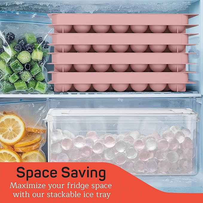 Emporio Kitchen Round Ice Cube Tray Set Pack of 1, BPA-Free Stackable Trays with Lid & Tongs, 33 Ice Balls Per Tray for Whiskey, Drinks, and Cocktails, Quick Release Round Ice Cube Mold, Pink