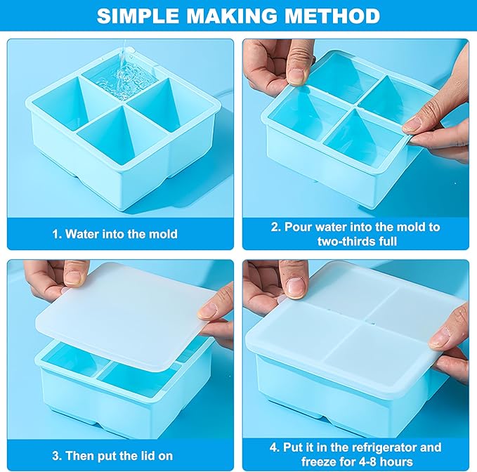 Large Silicone Ice Cube Tray 2Pack, Easy Release 2" Big Ice Cubes,Leak Proof Removable Lid Square Ice Cube Tray for Cocktail，Whiskey，Reusable Stackable Flexible Ice(Blue+Pink) (Blue)