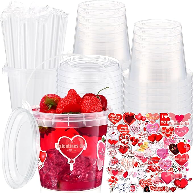 Funnymoom 30 Set Valentine's Day Clear Plastic Cups with Lids & Straws 24oz Disposable Rum Drink Buckets Bulk for Cocktail Parties with Handles & Stickers for Wedding Valentines Theme Party Supplies