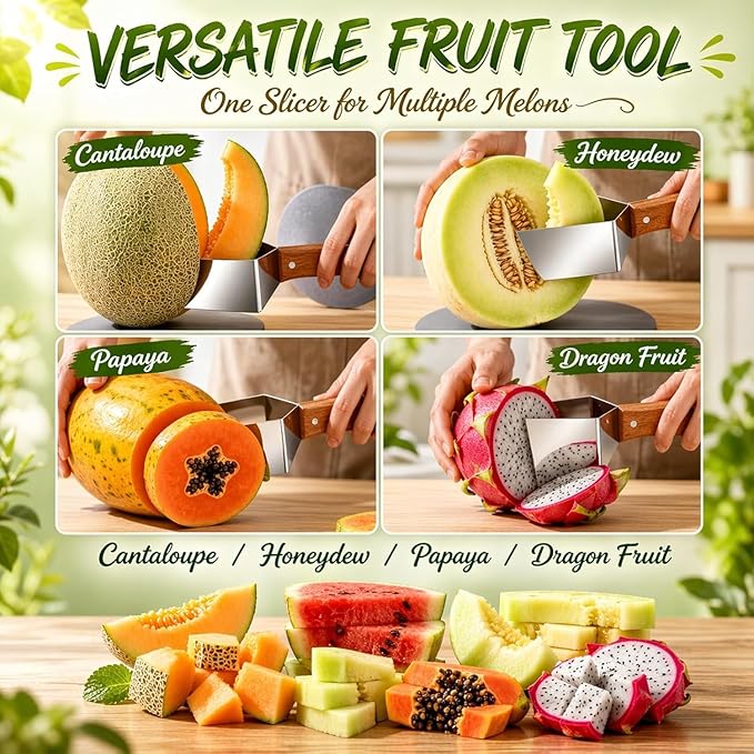 Stainless Steel Watermelon Cutter, Triangle Fruit Slicer with Wooden Handle, Melon Divider Tool for Watermelon, Cantaloupe and Honeydew, Kitchen Gadget for Picnic and BBQ (2PC)