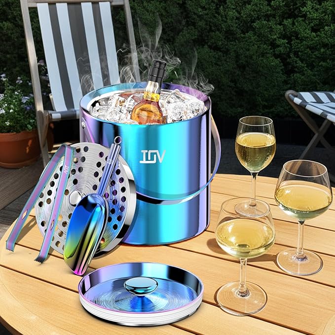 IOV Ice Bucket with Lid, Scoop, Tongs, and Strainer, 3 L Stainless Steel Double Wall Insulated Ice Bucket for Parties, Keeps Ice Frozen Longer, Ideal for Cocktail Bars, Freezers, and Wine - Rainbow