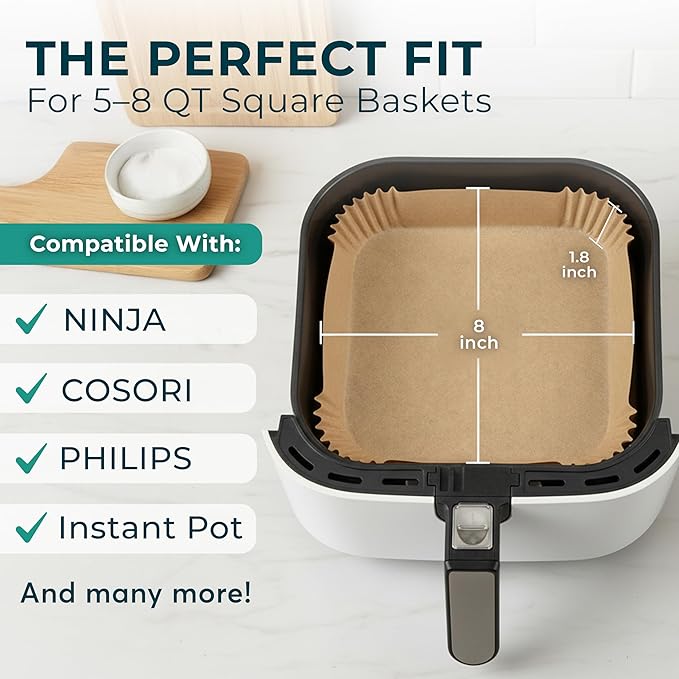 Cathy Yoder's AirFryer Paper Liners, 125 PCS 8-inch Square Air Fryer Liners Disposable, Premium, Food-Grade Easy Cleanup Air Fryer Parchment Paper Sheets, Airfryer Liner for 5-8QT, Baking & Roasting