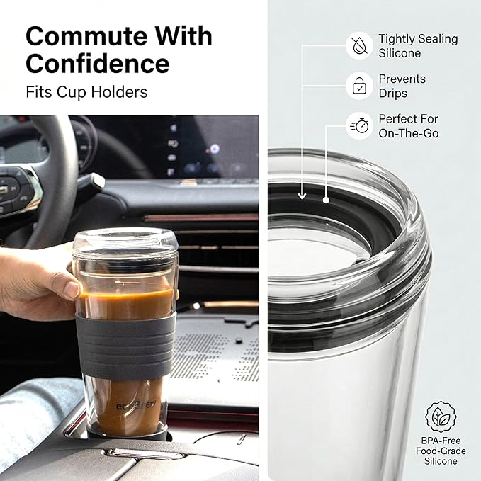 16oz Double Wall All Glass Tumbler with Lid, Dishwasher Safe & Microwavable Glass Travel Mug, Clear Coffee Tumbler To Go, Reusable Ceramic Cup for Hot & Cold Drinks