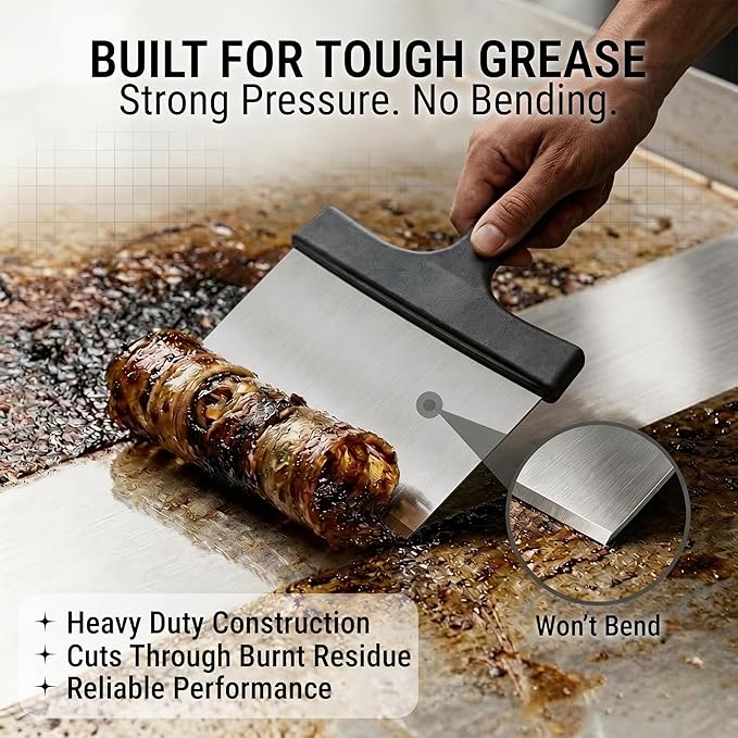 Grill Scraper, Stainless Steel Food Scraper with Handle – Heavy Duty Grill Scraper for Outdoor Grill, Flat Top Grill Cleaner, BBQ Tools & Accessories for Easy Grease and Stain Removal (Style 02)