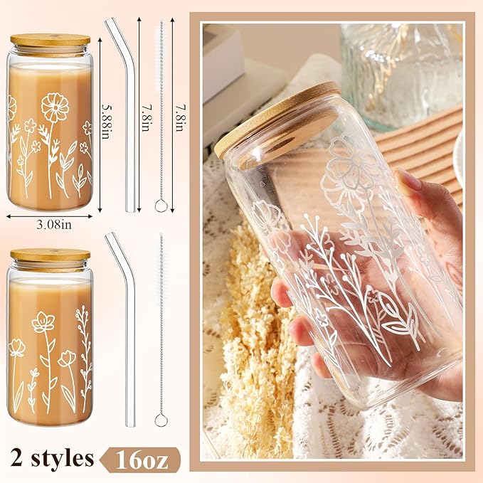 Mumufy 2 Pack Gift for Women Cute Glass Cup Tumbler Flower Iced Coffee Mugs 16 oz Glass with Bamboo Lid & Straw, Mothers Day Birthday Gift for Mom Sister Bridesmaid Baby Shower(Boho Floral)