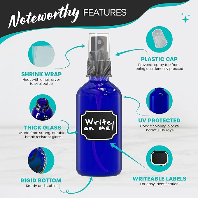 Nevlers Small Spray Bottle 2 Oz 48 Pack | Blue Glass Spritzer Bottles | Mini Spray Bottle Mist Set w/Labels, Marker, Funnel, Brush & Shrink Wrap | 2oz Glass Bottles for Oils, Scents & Travel Use