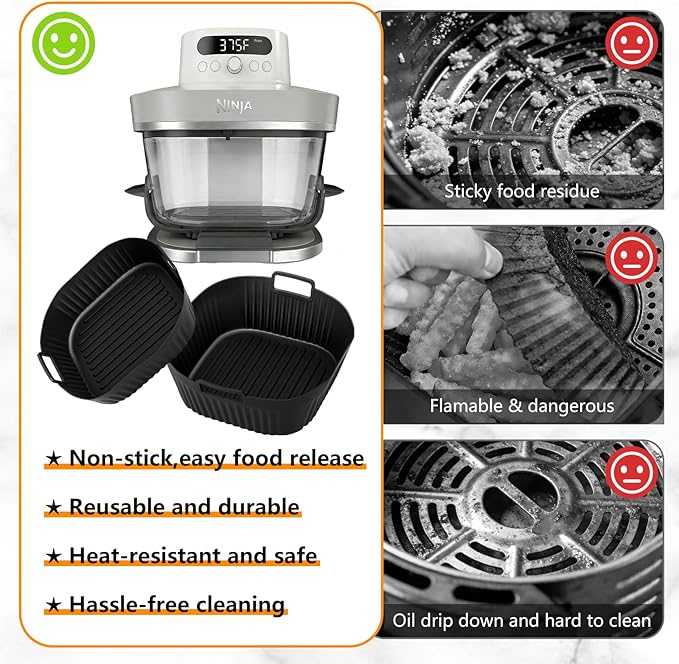 Dreamtop 2 Pack Silicone Air Fryer Liners for Ninja Crispi Pro AS101CY - Reusable Non-Stick Square Silicone Mats for 6 QT & 2.5 QT Glass Container, Air Fryer Baskets Liners, Dishwasher Safe