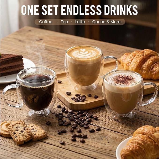 12 Pack Espresso Cups Double Wall 5oz Hand Blown Glass Coffee Mugs Clear Insulated Glass Coffee Shots Cups with Handle for Espresso Machine, Cappuccino, Latte, Tea