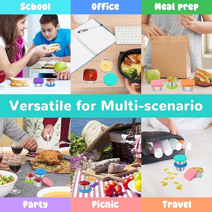 LIEMAND 6PCS Salad Dressing Container to Go, Leakproof Reusable Stainless Steel small container with lid,Sauce Containers for Lunch box,Picnics,Travel,Office and Meal Prep-1.6+2.7 Sets
