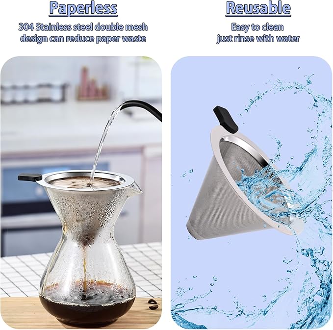 Pour Over Coffee Filter Dripper, Stainless Steel Metal Cone Drip Coffee Filter, Paperless and Permanently Reusable, Double Mesh Coffee,Tea Filter for 1-3 Cup