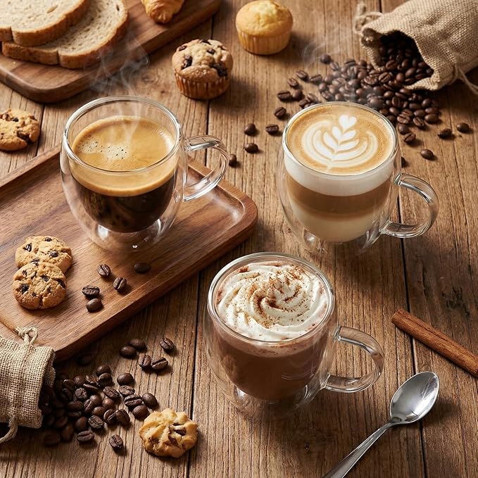 12 Pack Espresso Cups Double Wall 5oz Hand Blown Glass Coffee Mugs Clear Insulated Glass Coffee Shots Cups with Handle for Espresso Machine, Cappuccino, Latte, Tea