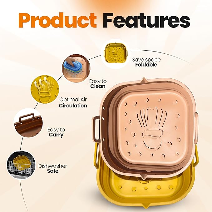 Platinum Silicone Air Fryer Liners Reusable Square-Extra Strong-Easy to Clean Air Fryer basket for Oven Microwave Accessories - BPA Free - Food Safe Pot for 5.8QT to 8 QT - 9 Inch