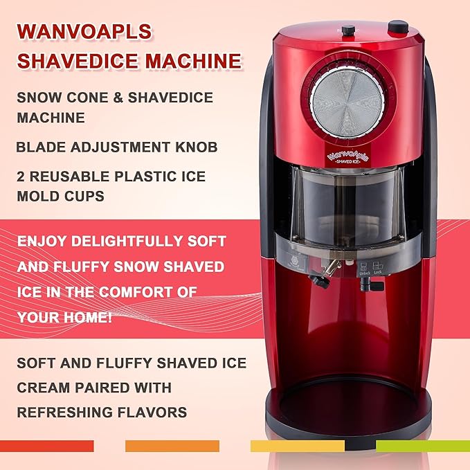 Wanvoapls Shaved Ice Machine - Snow Cone Machine for Homemade Shaved Ice, Snow Cones, Slushie Ice Shaver With Stainless Steel Blade Adjustment Knob, 2 Reusable Ice Mold Cup for snowflakes - Retro Red