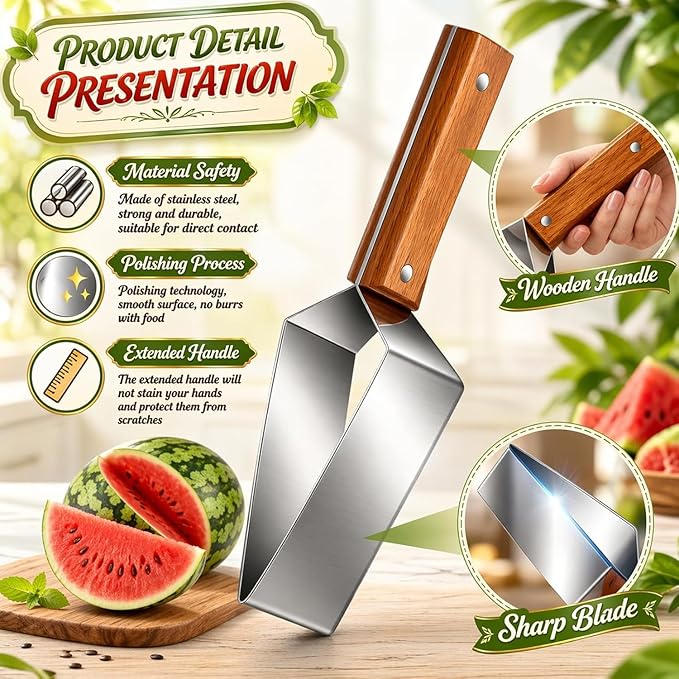 Stainless Steel Watermelon Cutter, Triangle Fruit Slicer with Wooden Handle, Melon Divider Tool for Watermelon, Cantaloupe and Honeydew, Kitchen Gadget for Picnic and BBQ (1PC)