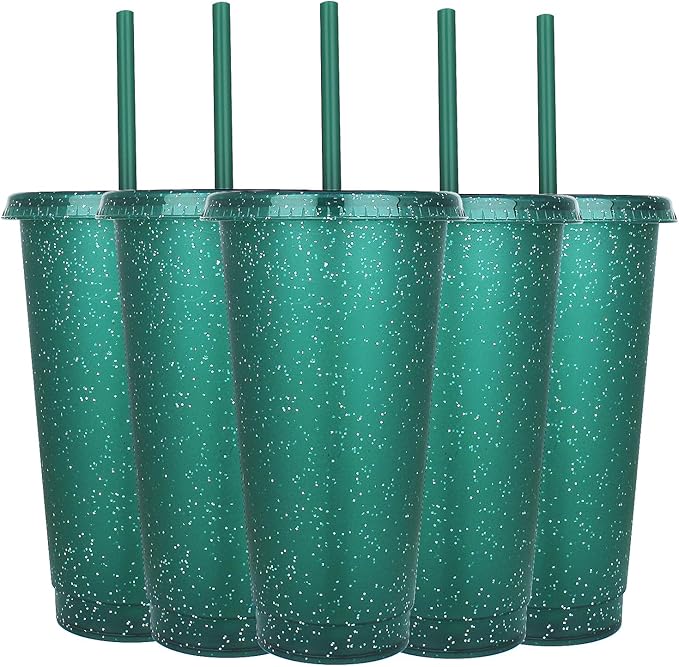 Suertestarry Tumbler with Straw and Lid,Water Bottle Iced Coffee Travel Mug Cup,Reusable Plastic Cups,Perfect for Parties,Birthdays… (Dark Green, 5pack)